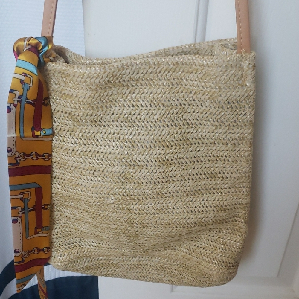 Woven Boho Straw Bag with Scarf Accent - Picture 2 of 8